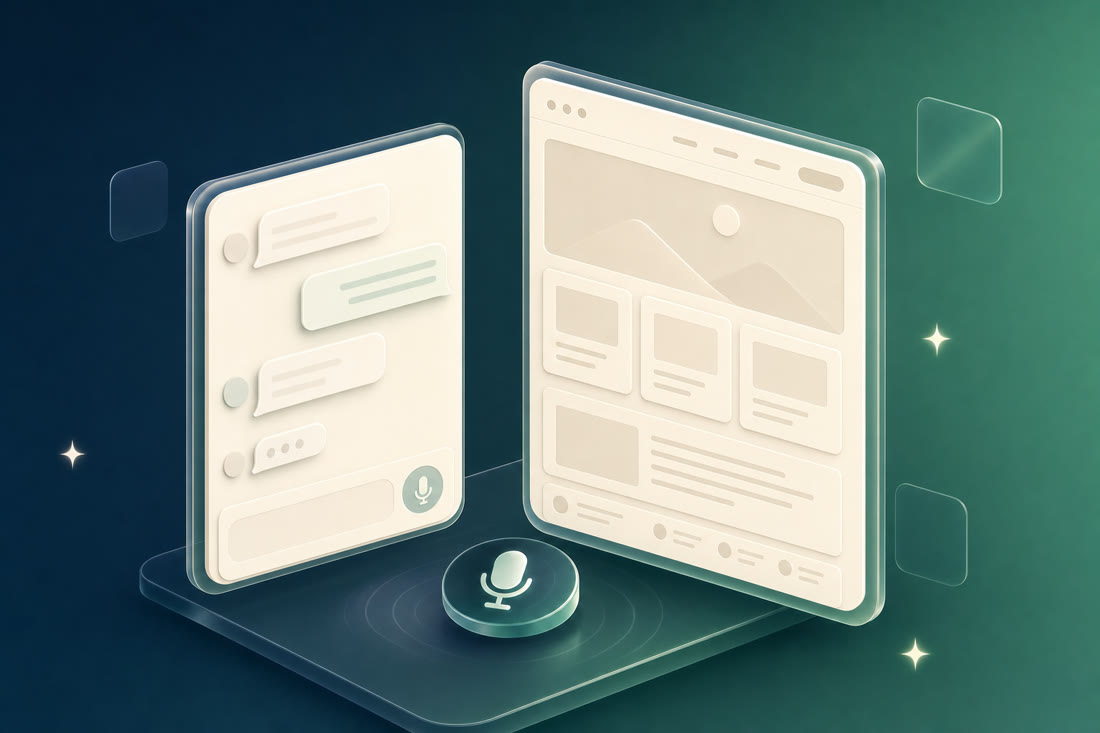 A chat conversation on the left building a full website layout on the right, with a voice microphone in the middle